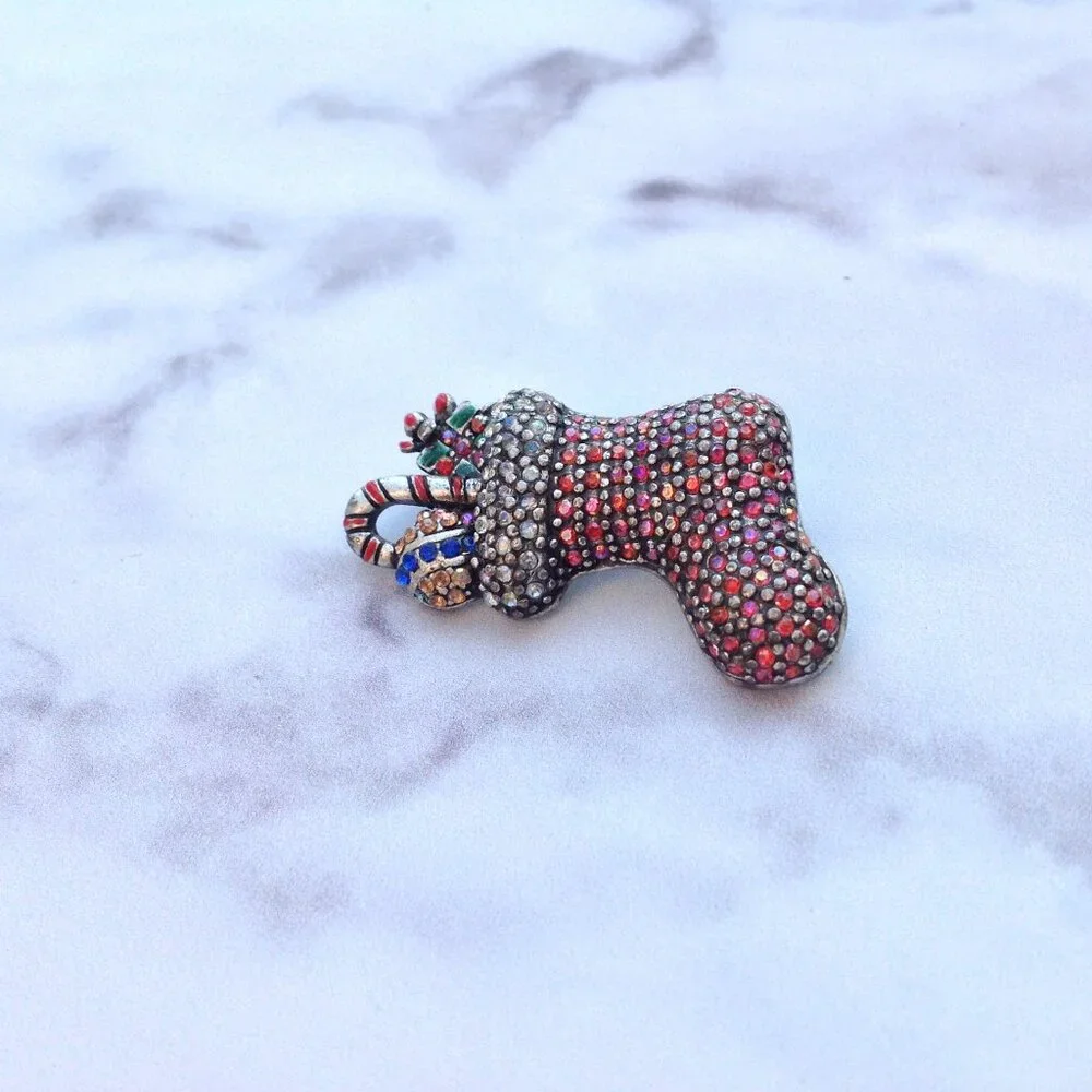 Lia Sophia Pave Crystal CHRISTMAS BROOCH Stocking w Candy + Gifts